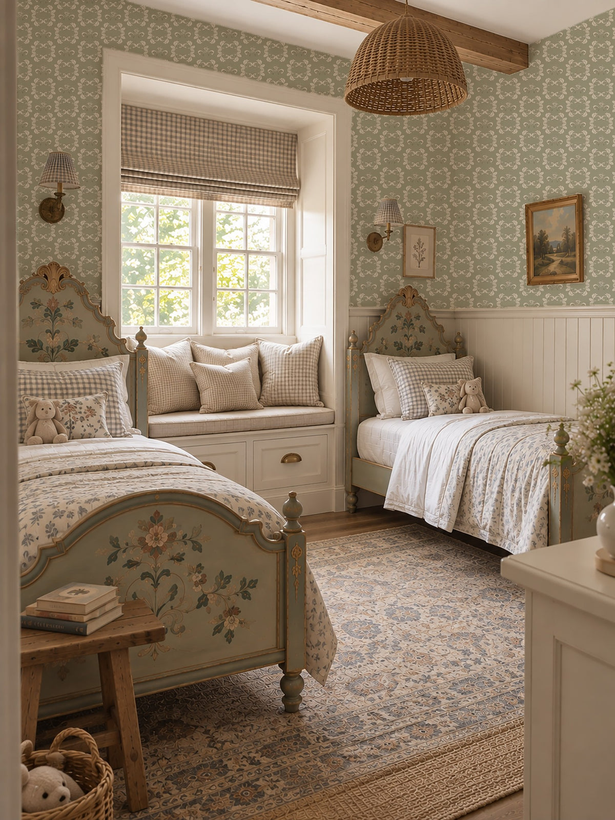 Sage green floral wallpaper in cozy bedroom with vintage twin beds and natural light.