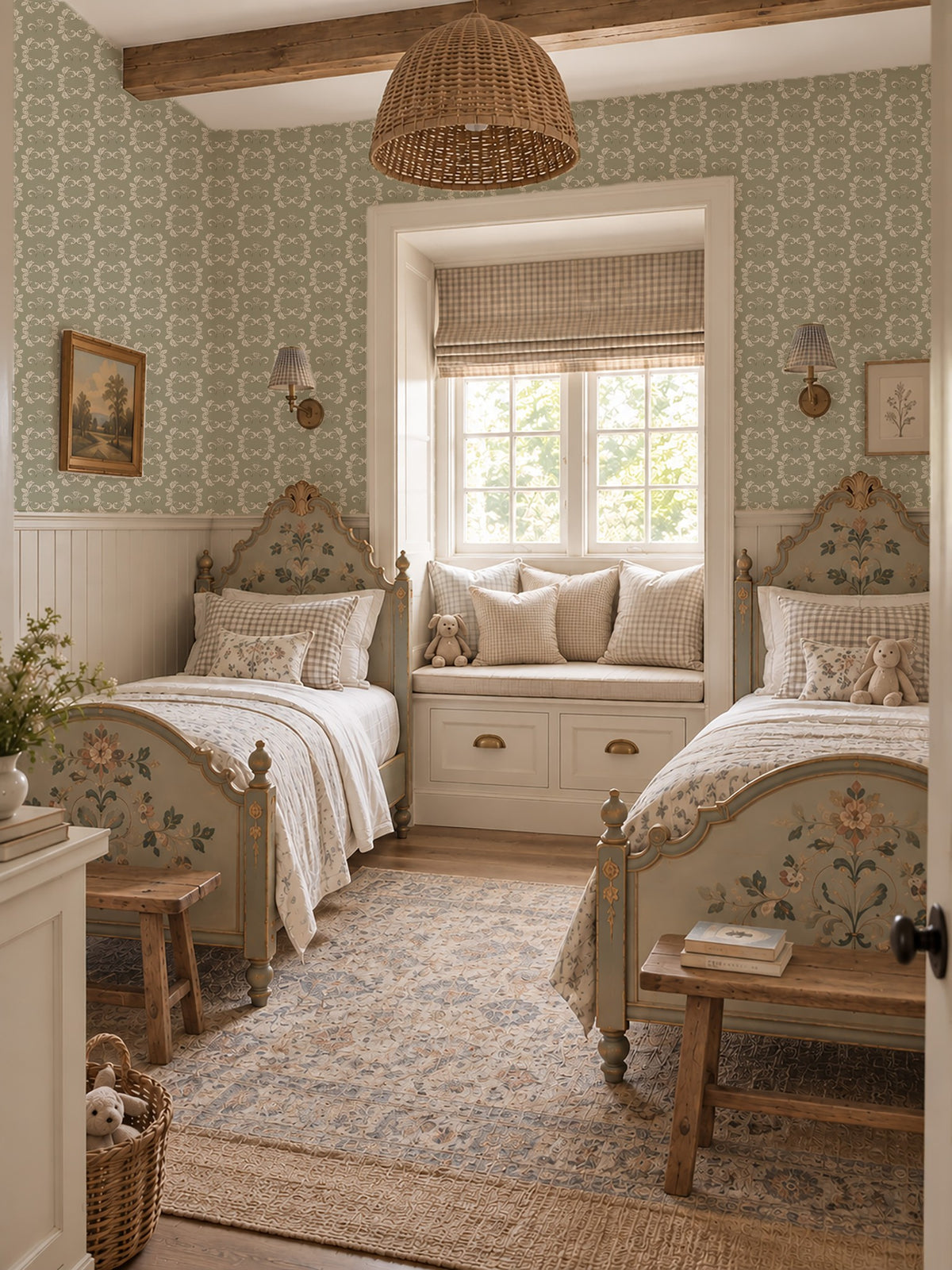 Sage green floral wallpaper in cozy vintage twin bedroom with wooden accents.