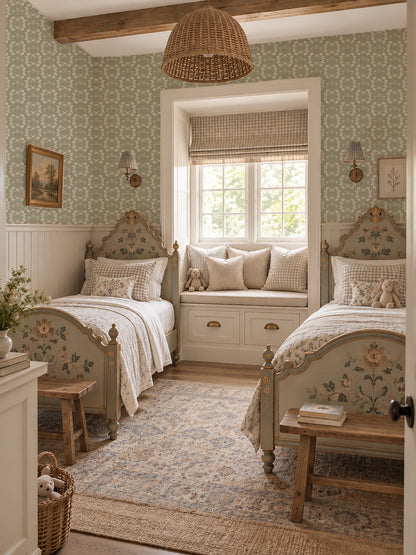 Sage green floral wallpaper in cozy vintage twin bedroom with wooden accents.