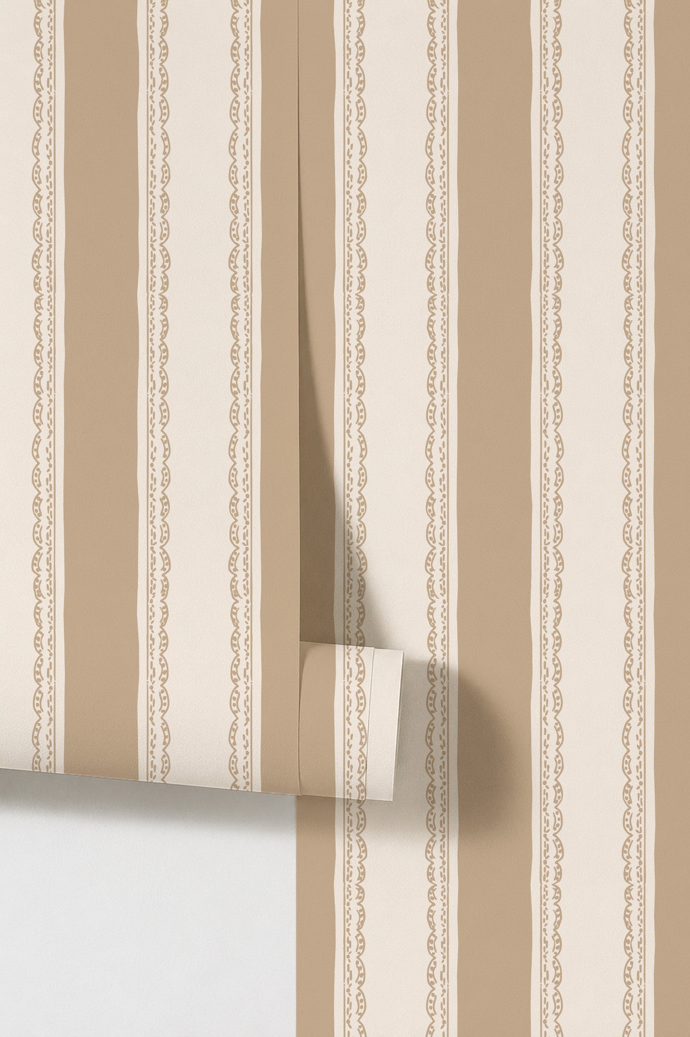 Tan and cream striped wallpaper with lace borders, elegant and vintage style.