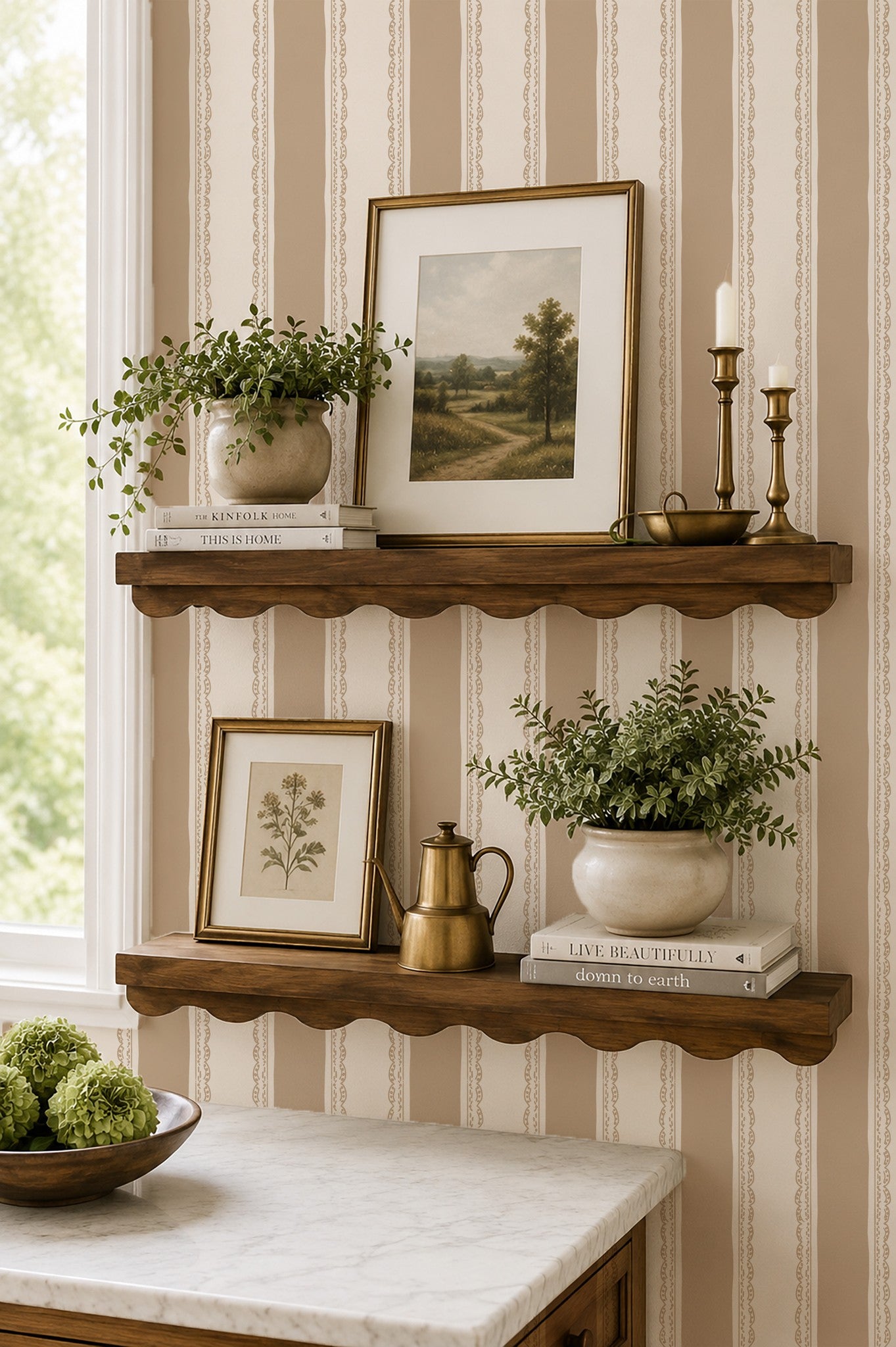 Tan striped wallpaper with lace borders in a classic room with wooden shelves and decor.
