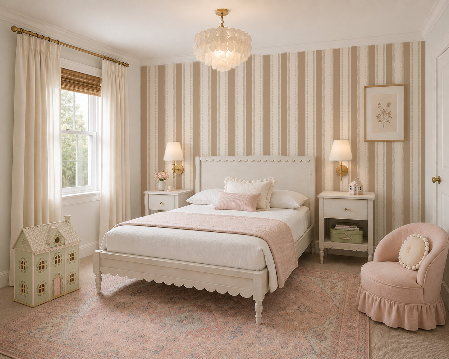 Tan striped wallpaper in elegant bedroom with vintage decor and soft lighting.
