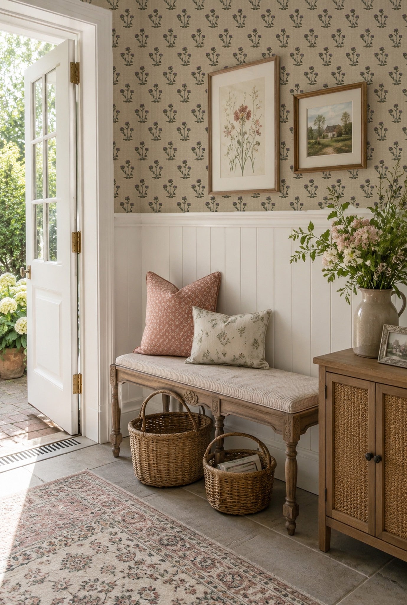 Tan thistle block print wallpaper in a cozy entryway with bench and decor.