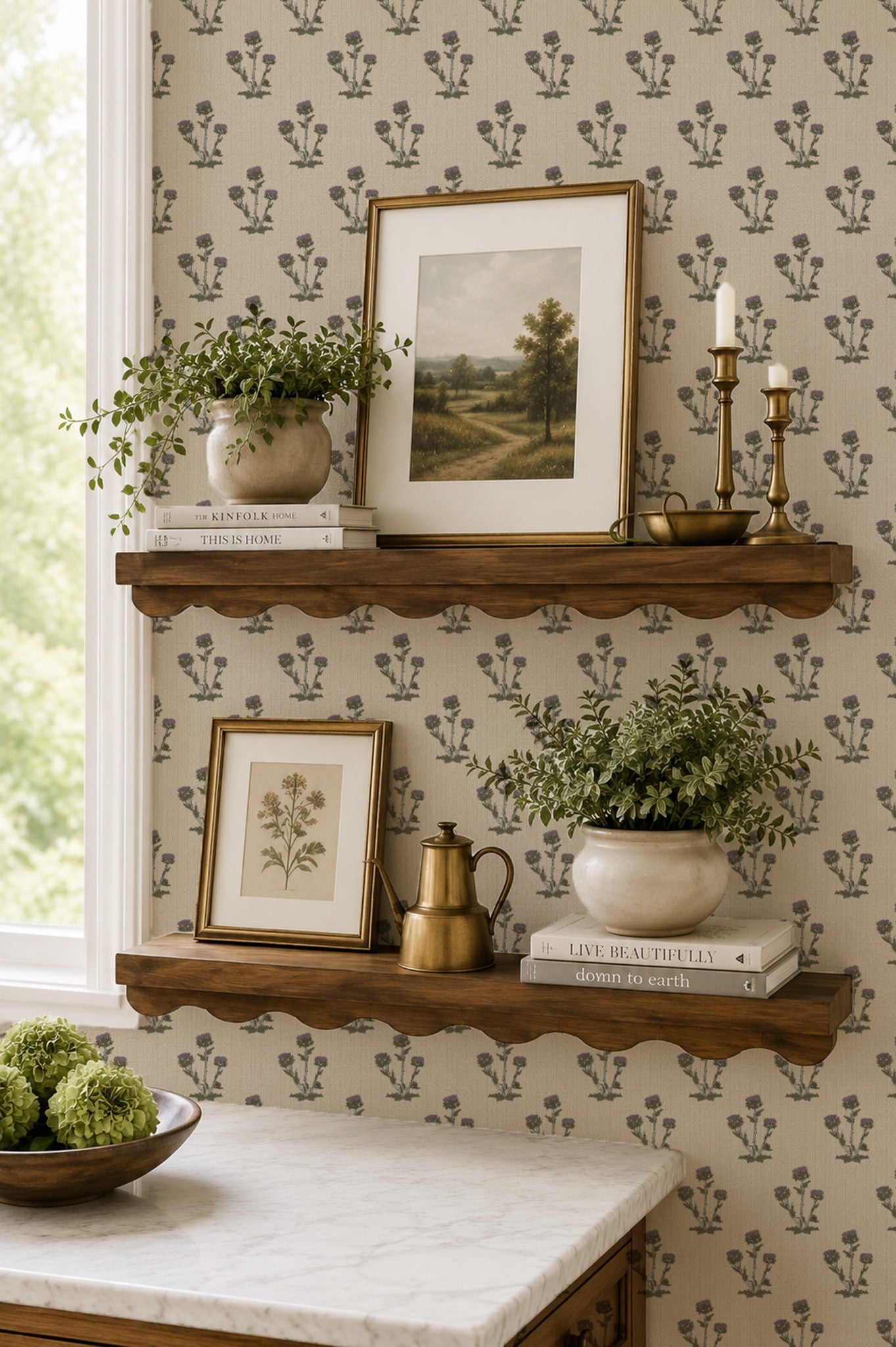 Tan thistle floral wallpaper in rustic room with wooden shelves and decor.