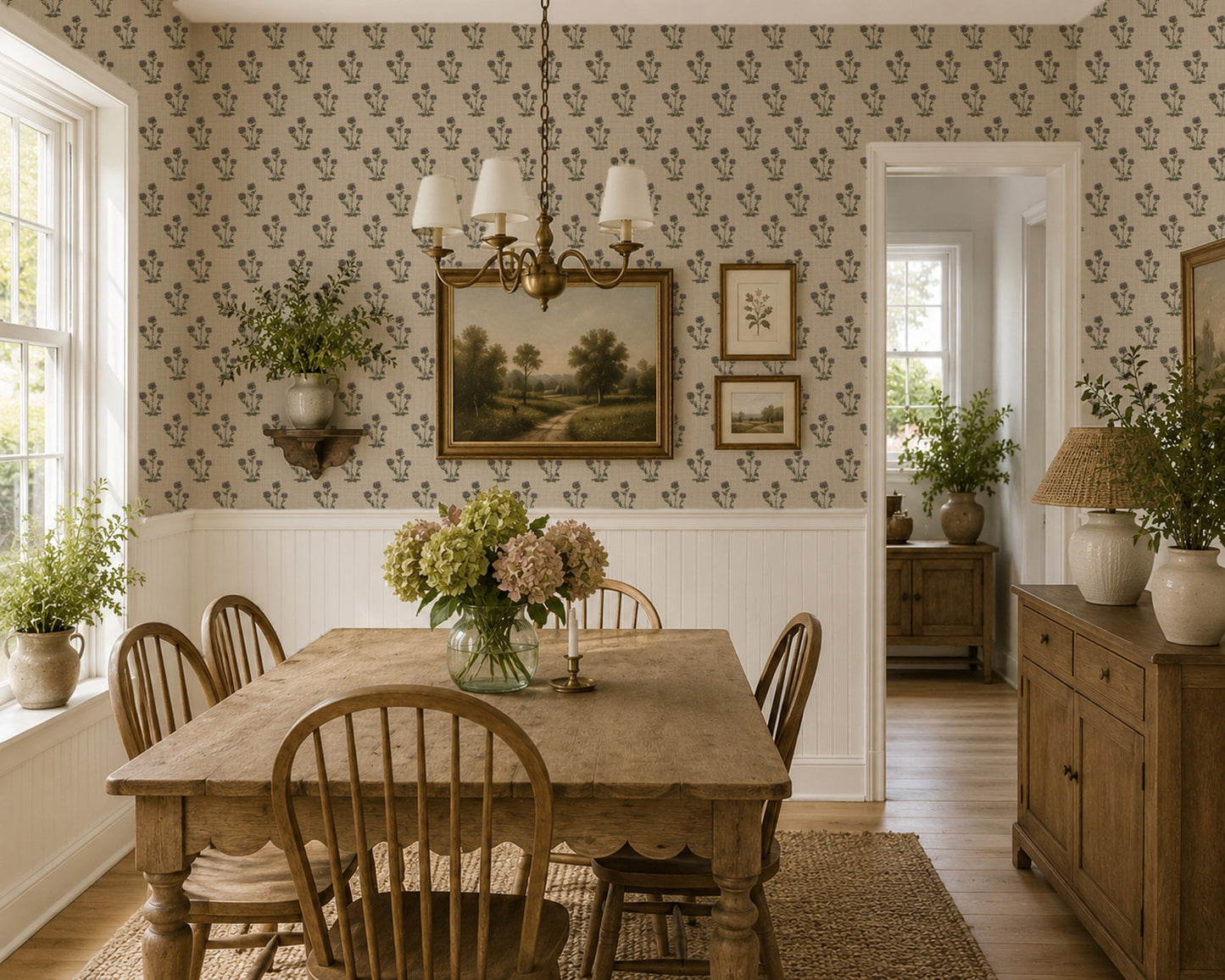 Dining room with tan thistle wallpaper, rustic decor, and wooden furniture.