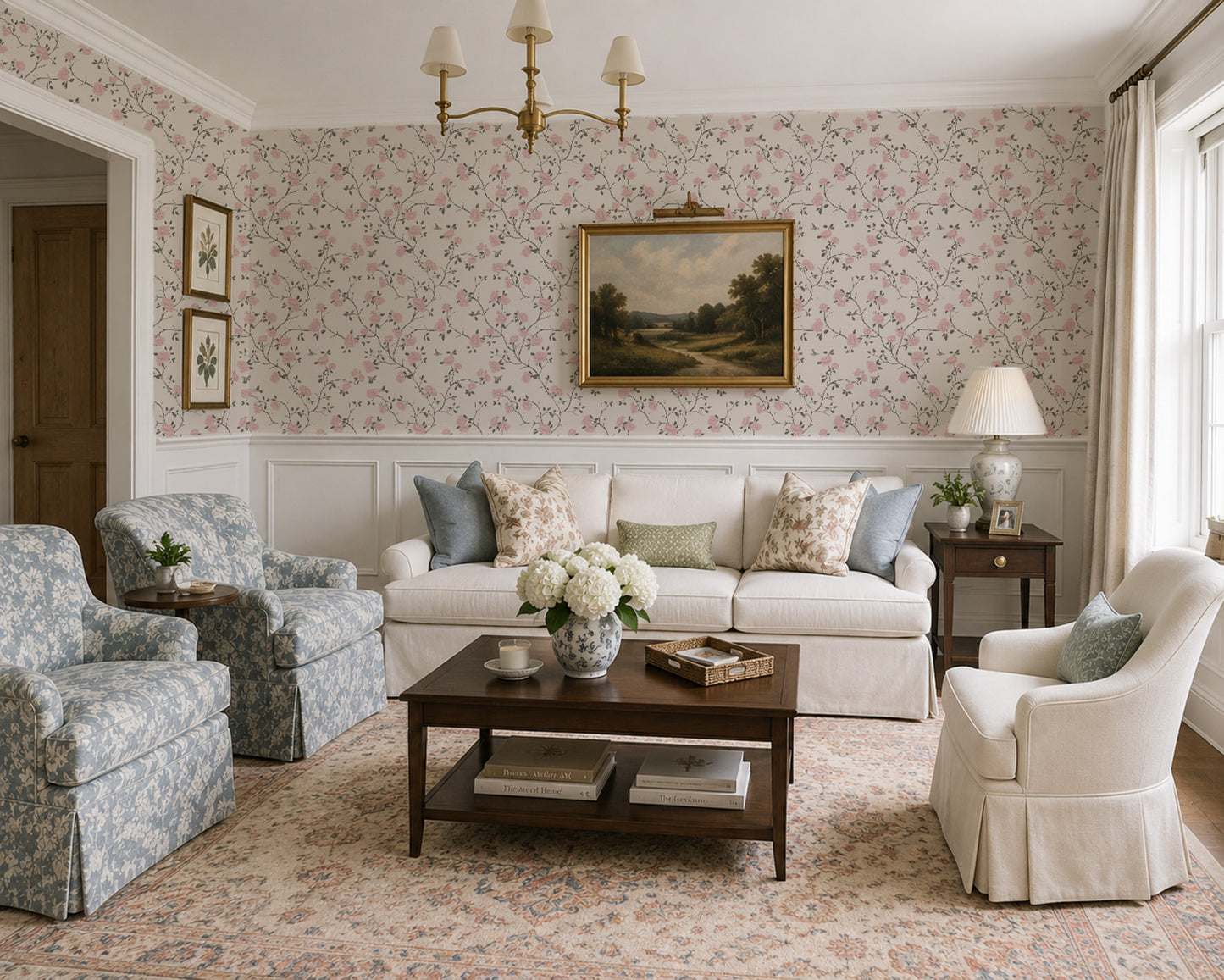 Taupe floral wallpaper with roses and hummingbirds in elegant living room setting.