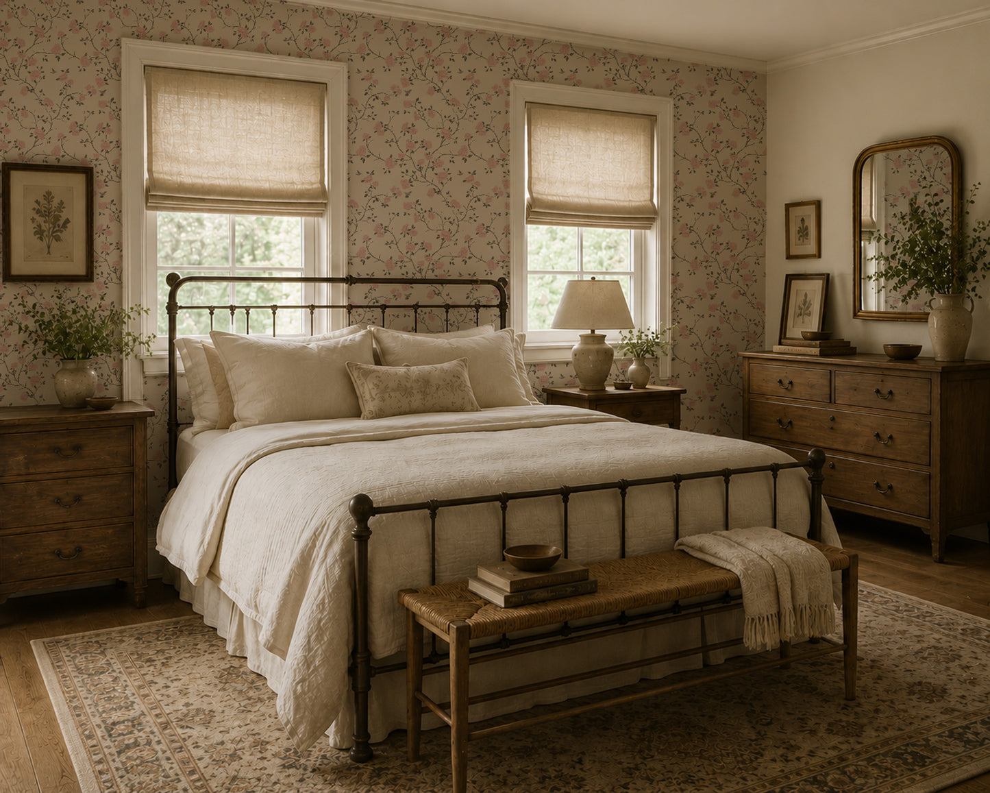 Taupe floral wallpaper with hummingbirds in vintage bedroom setting.