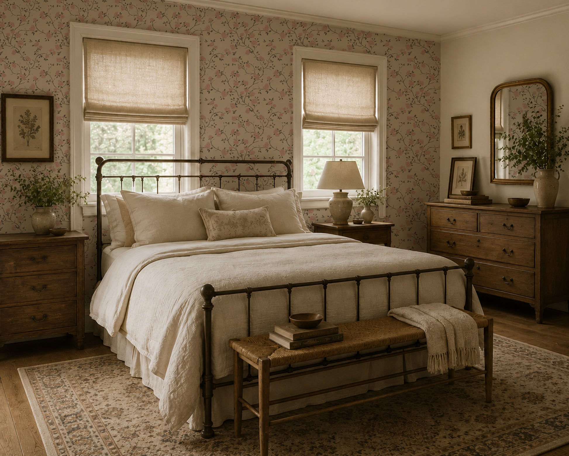 Taupe floral wallpaper with hummingbirds in vintage bedroom setting.