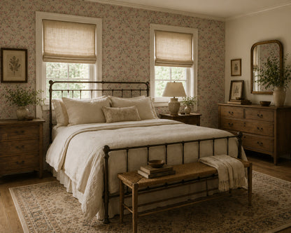 Taupe floral wallpaper with hummingbirds in vintage bedroom setting.