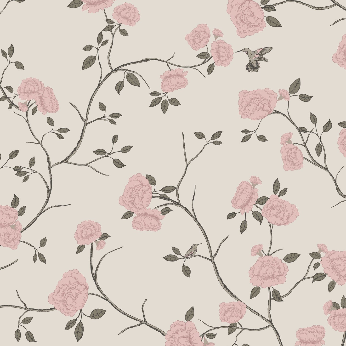 Taupe wallpaper with pink roses and hummingbirds on branches.