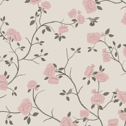 Taupe wallpaper with pink roses and hummingbirds on branches.