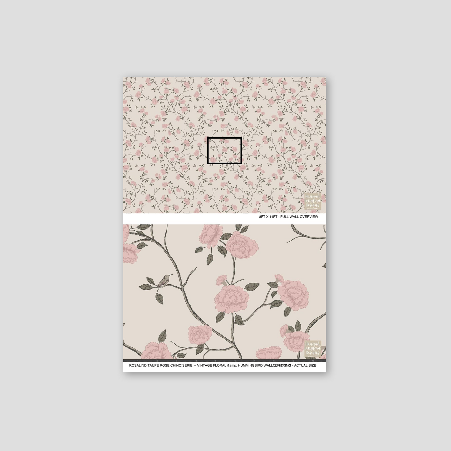 Taupe wallpaper with pink roses and branches, vintage floral pattern.