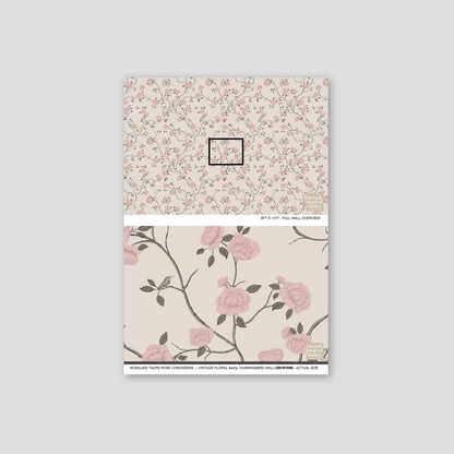 Taupe wallpaper with pink roses and branches, vintage floral pattern.