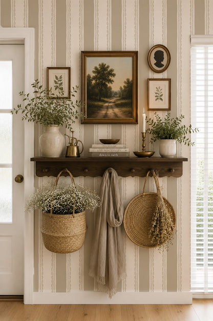 Taupe striped wallpaper with lace detailing in a classic rustic room setting.