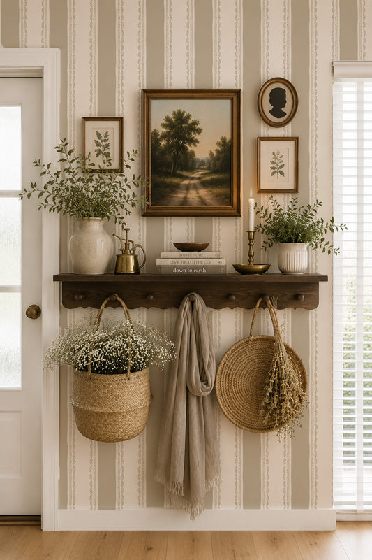 Taupe striped wallpaper with lace detailing in a classic rustic room setting.