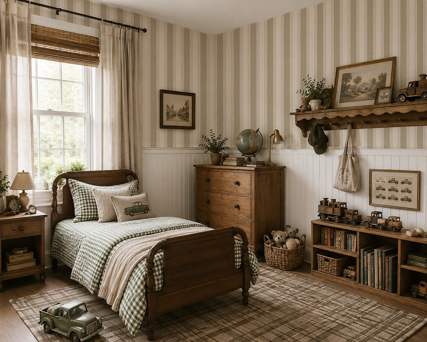 Taupe striped wallpaper in cozy vintage bedroom with wooden furniture.
