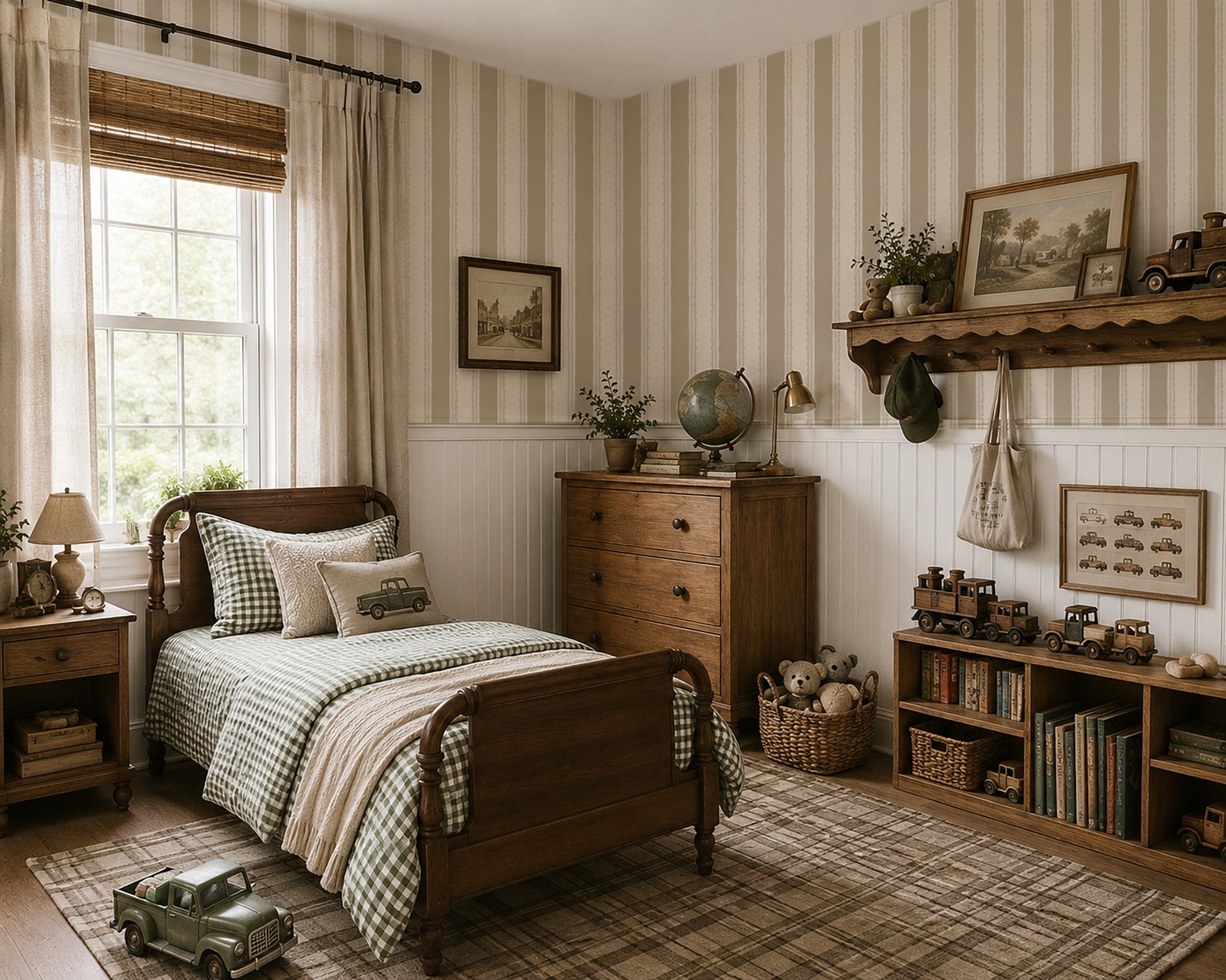 Taupe striped wallpaper in cozy vintage bedroom with wooden furniture.