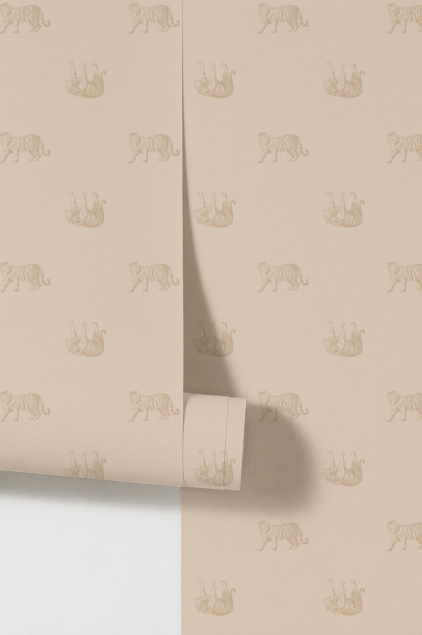 Tiger cream wallpaper with sepia tigers on beige, rolled sample.