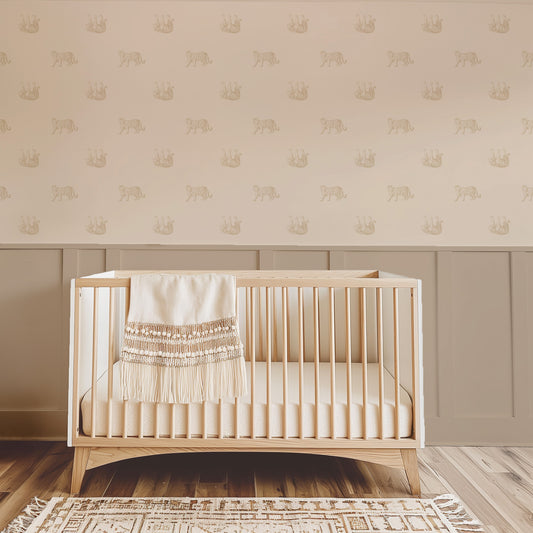 Tiger cream wallpaper with sepia tigers in a beige nursery setting.