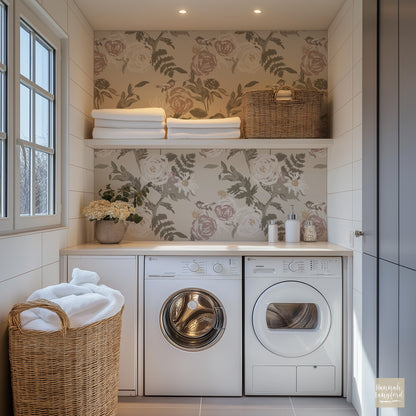Vintage floral bird wallpaper in a cozy laundry room with baskets and towels.