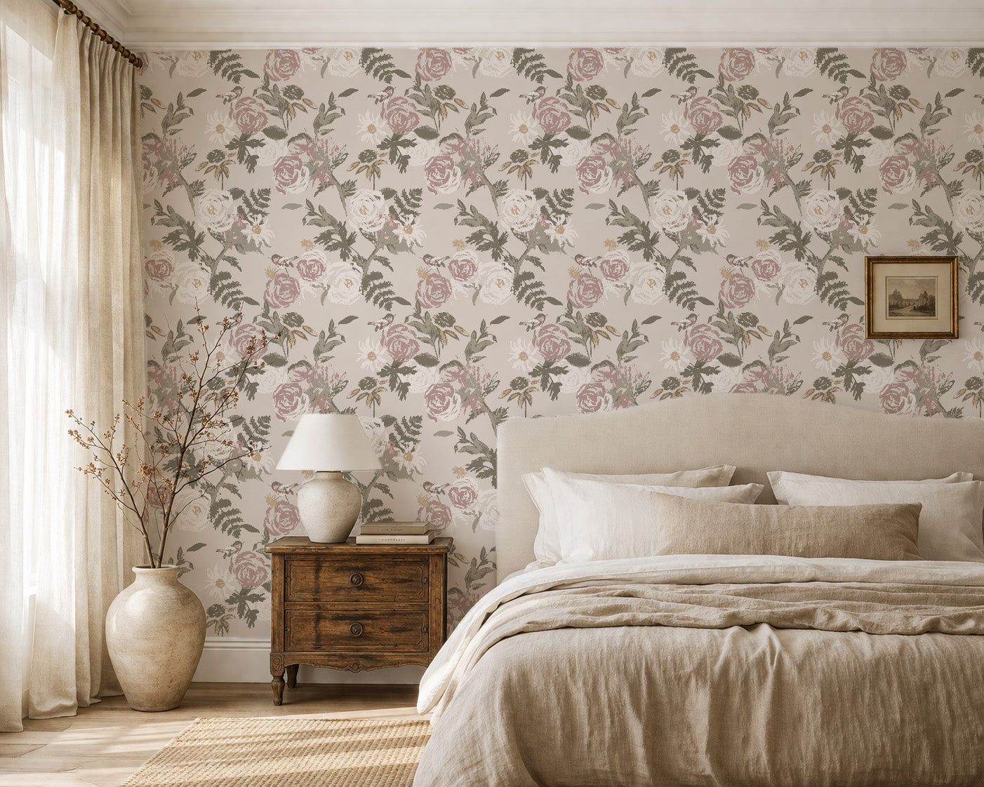 Vintage floral bird wallpaper in bedroom with taupe and dusty rose colors.