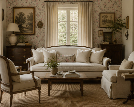 Vintage floral wallpaper with hummingbirds in elegant living room setting.