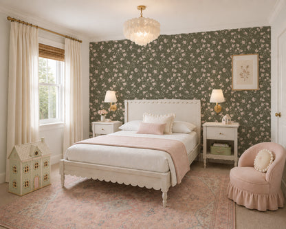 Vintage floral olive wallpaper in elegant bedroom with white bed and soft pink accents.