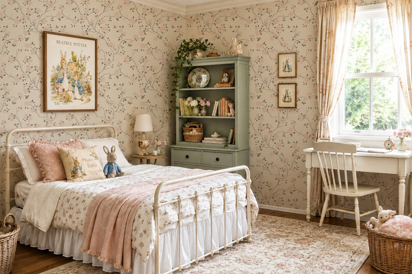 Vintage floral wallpaper with roses and hummingbirds in a cozy bedroom setting.