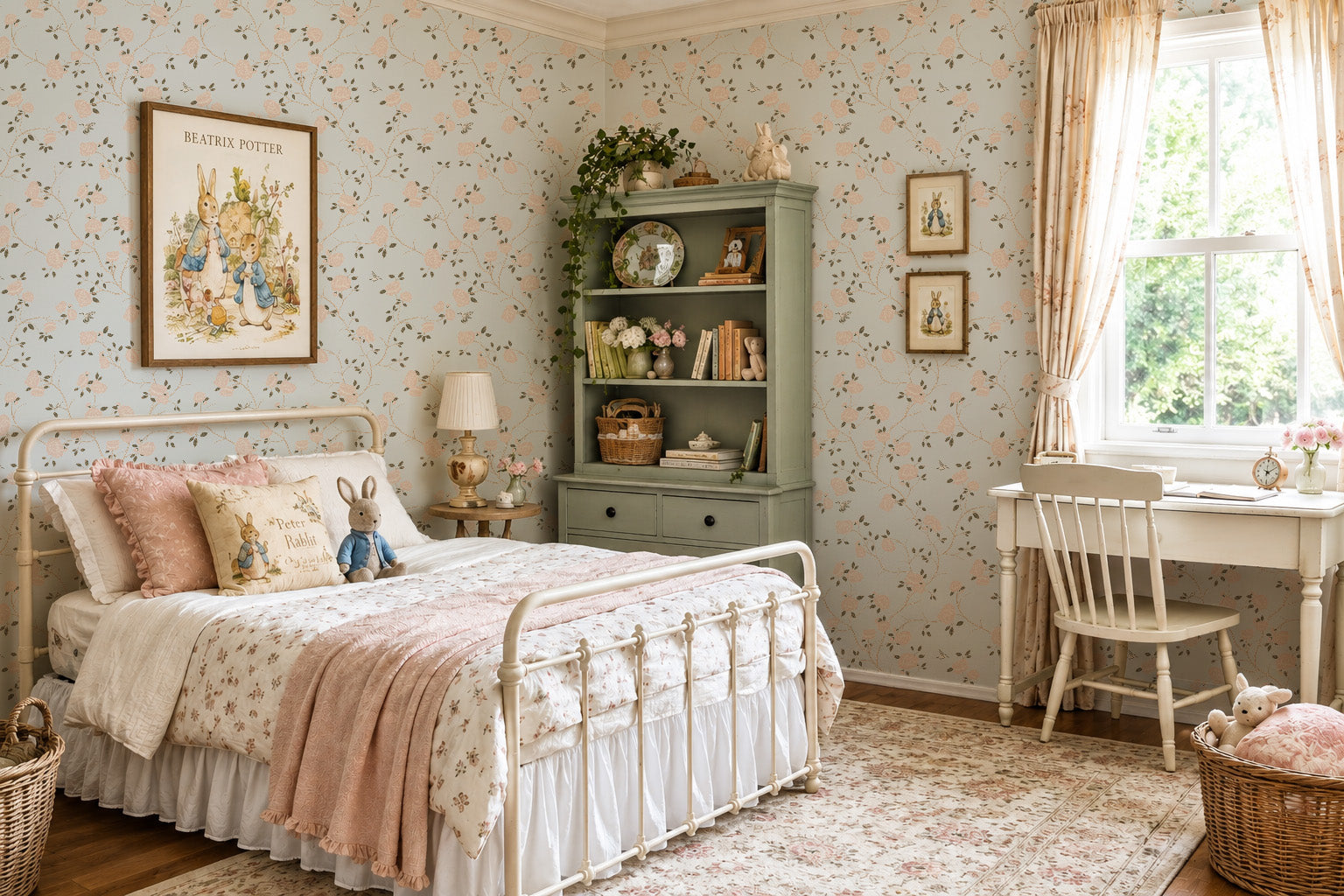 Vintage floral wallpaper with roses and hummingbirds in a cozy bedroom setting.