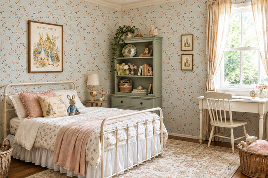 Vintage floral wallpaper with roses and hummingbirds in a cozy bedroom setting.