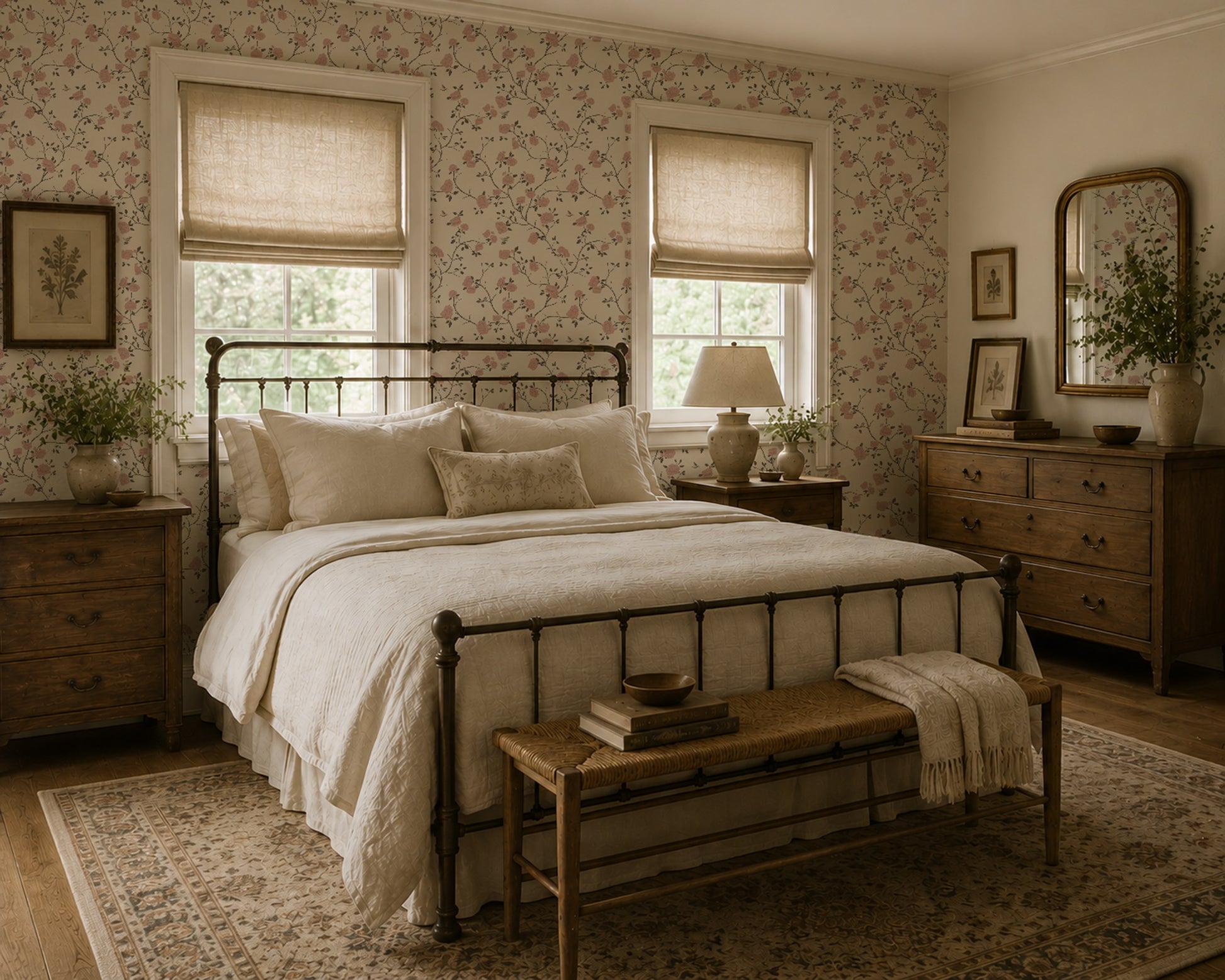 Vintage floral wallpaper in serene bedroom with wooden furniture.