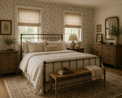 Vintage floral wallpaper in serene bedroom with wooden furniture.