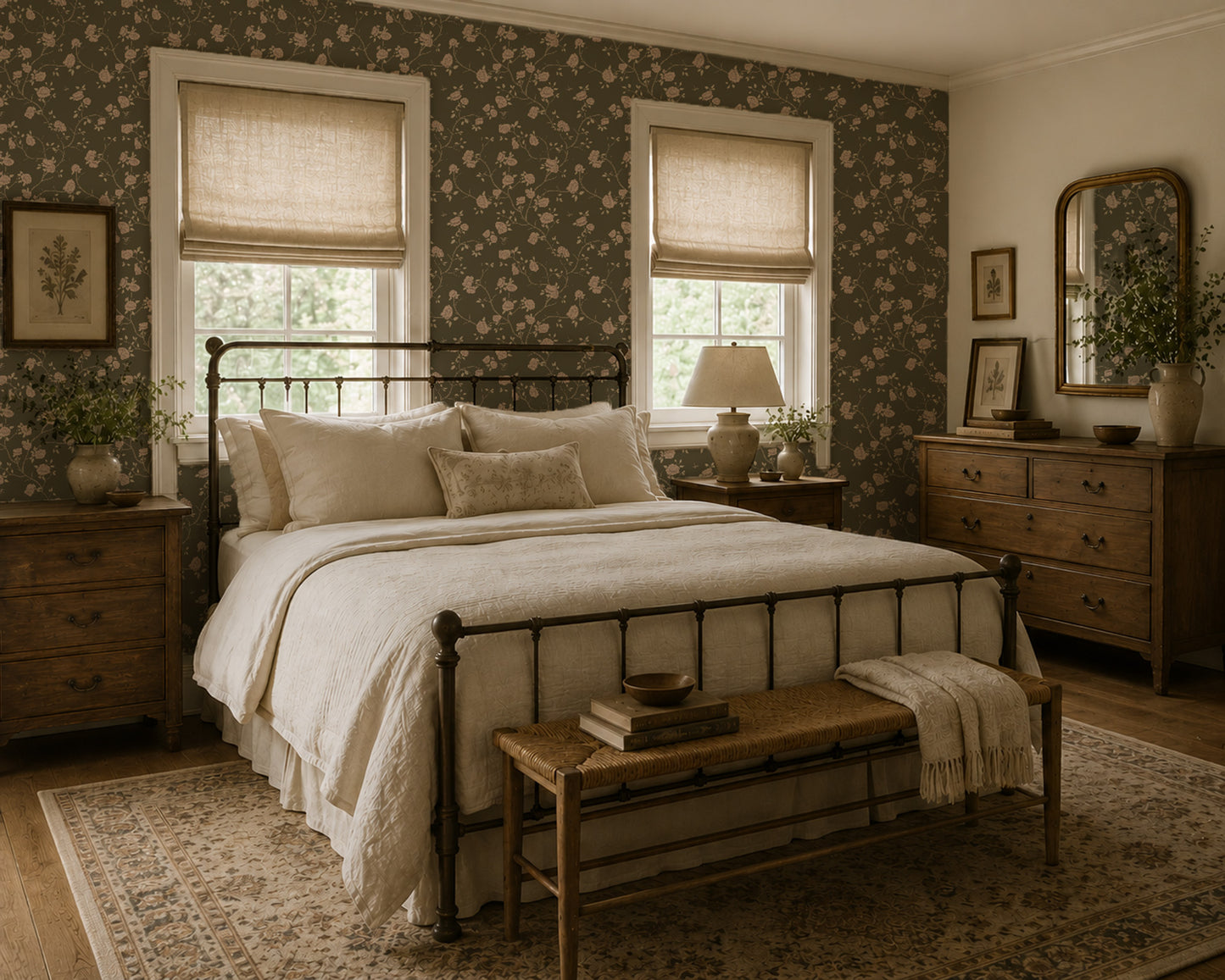 Vintage floral wallpaper with olive and blush hues in a cozy bedroom setting.