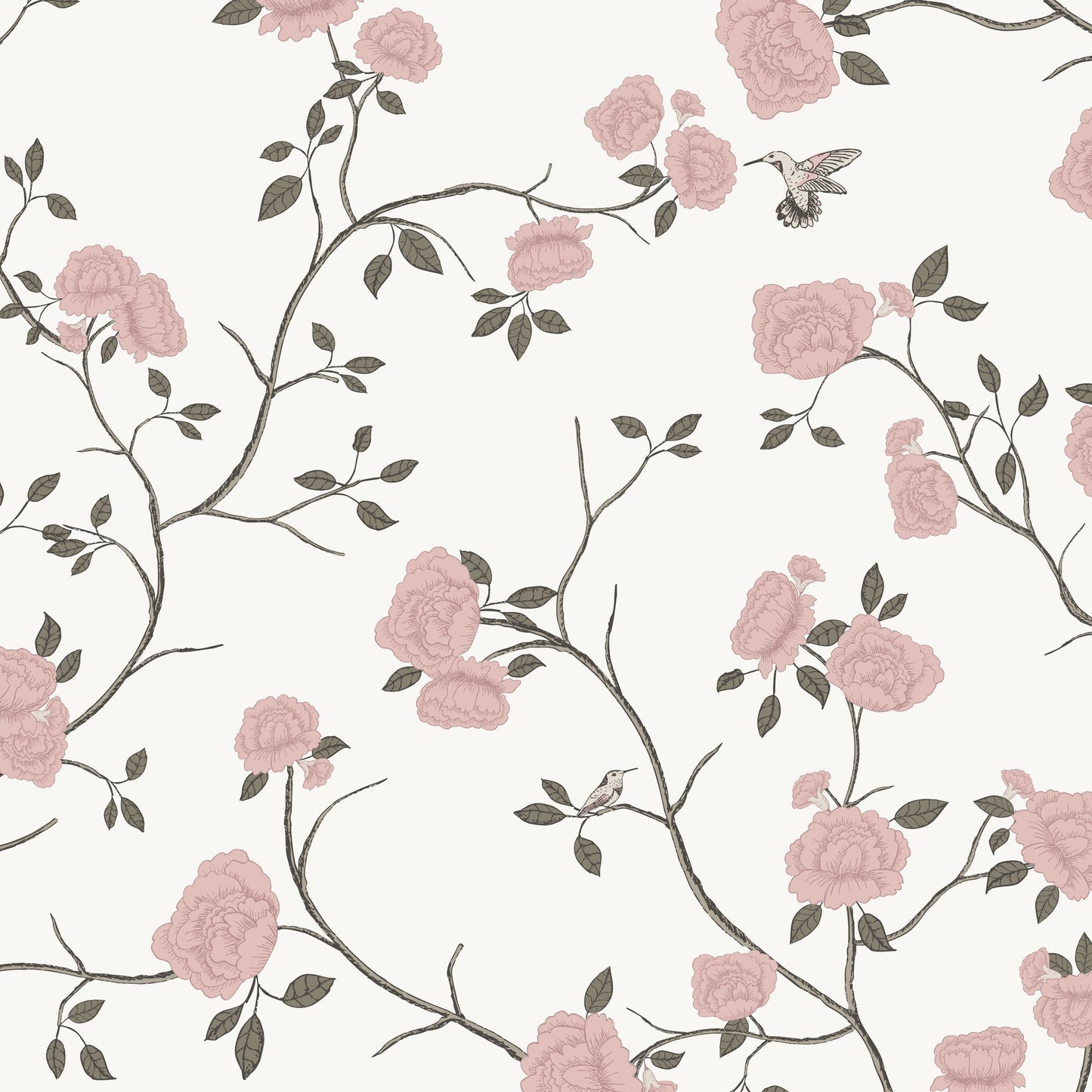 Vintage floral wallpaper with pink roses, vines, and hummingbirds on a cream background.