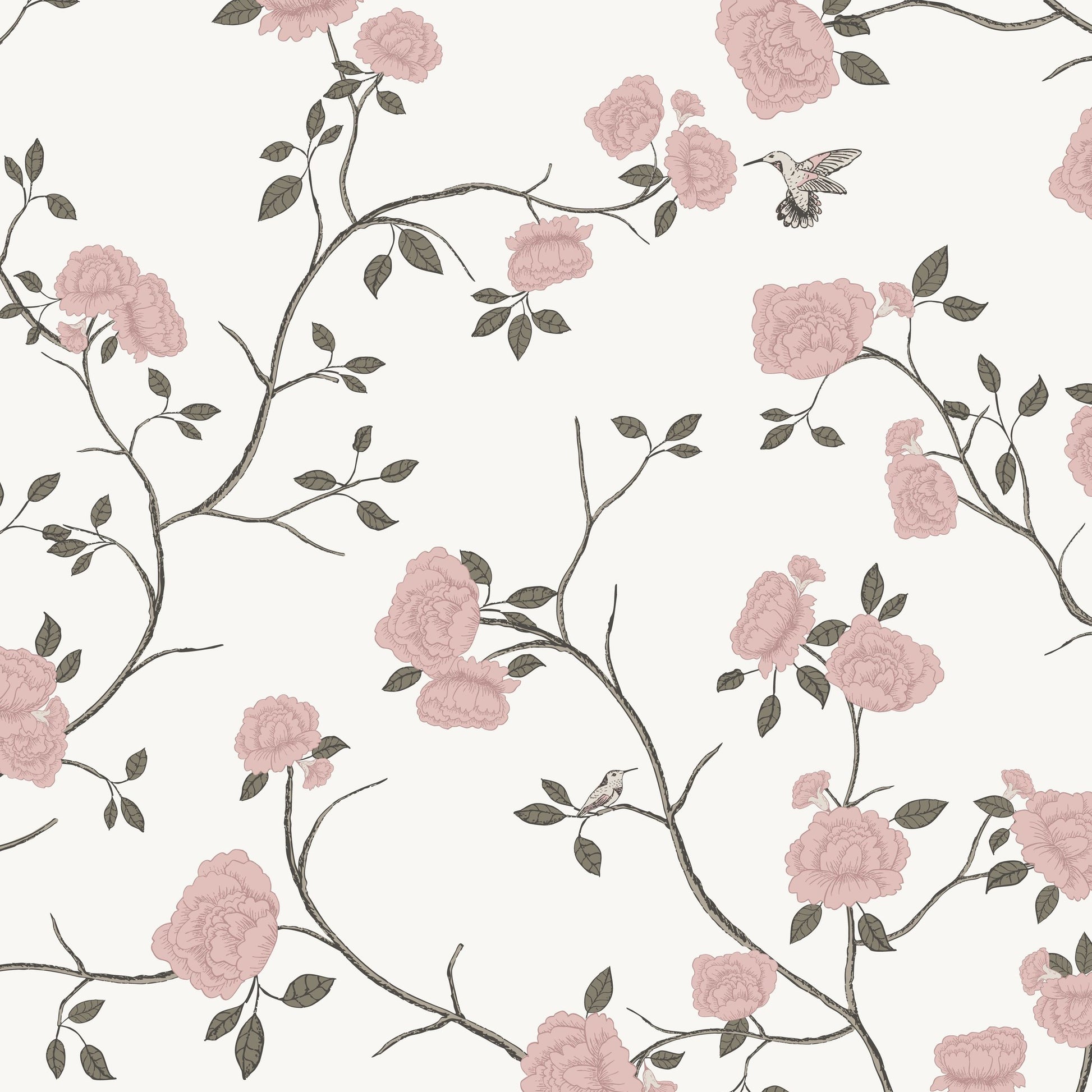 Vintage floral wallpaper with pink roses, vines, and hummingbirds on a cream background.