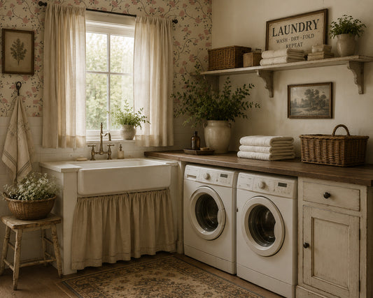 Vintage floral wallpaper in rustic laundry room with farmhouse sink.